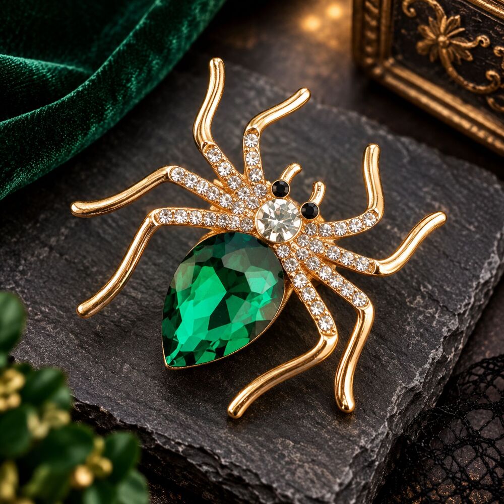 Gold Tone GREEN Rhinestone Spider Brooch